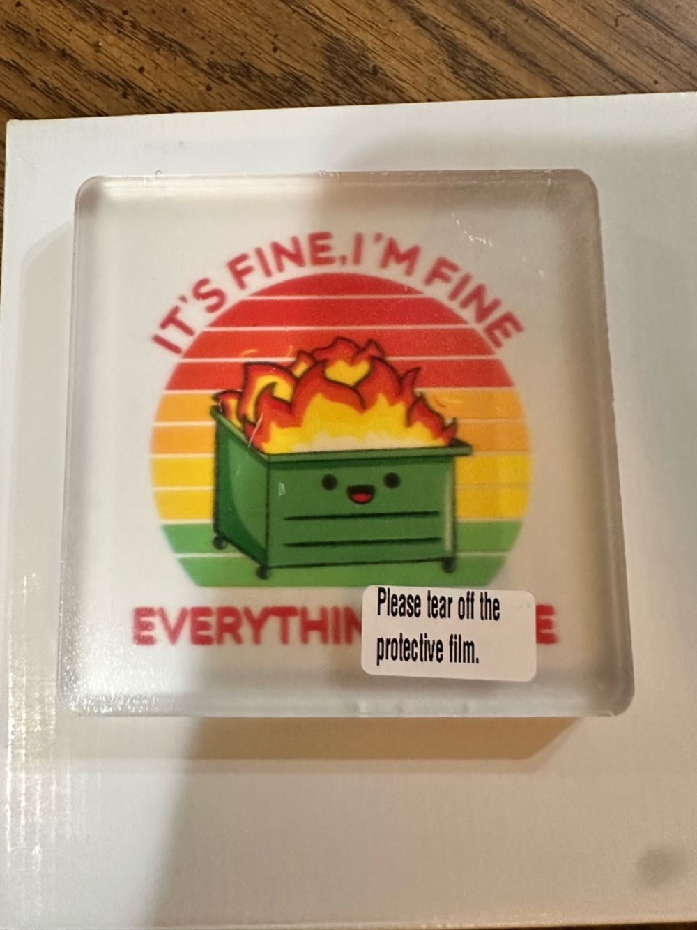 Square Desk Decor with Colorful Dumpster Fire Design